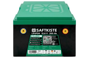 Vooraanzicht van de Saftkiste LiFePO4 lithium accu voor campers met 200Ah.