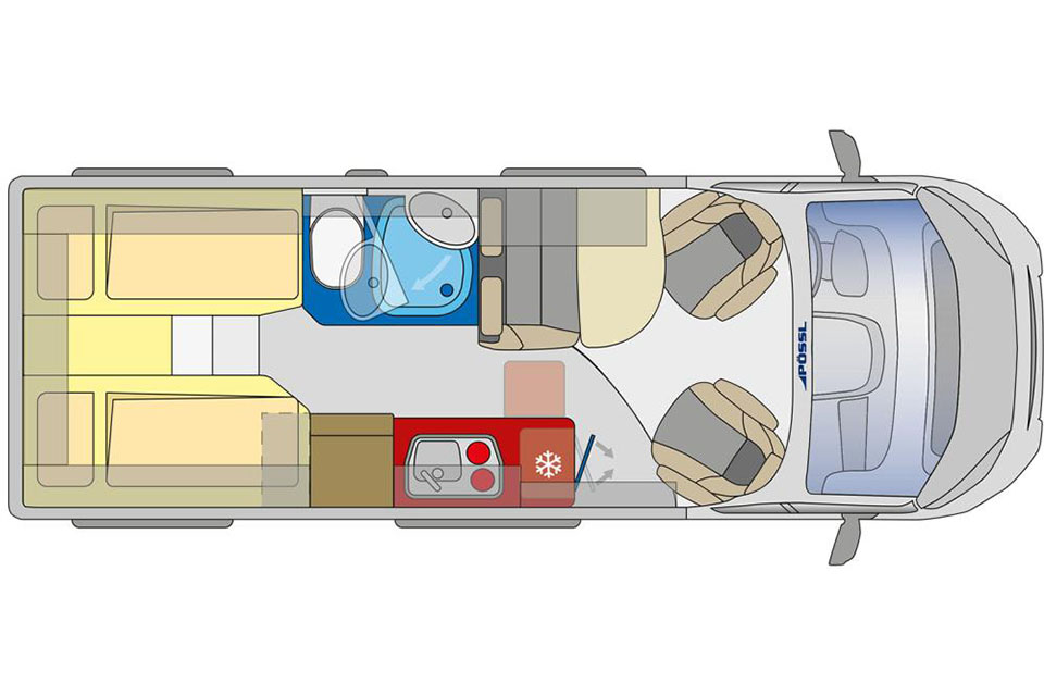 Plattegrond van de Pössl Summit 640 huurcamper met automaat.