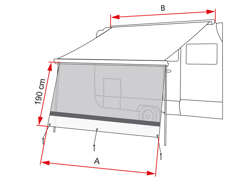 Technische tekening met de lengte van het SunView XL schaduwdoek voor Fiamma luifels op buscampers